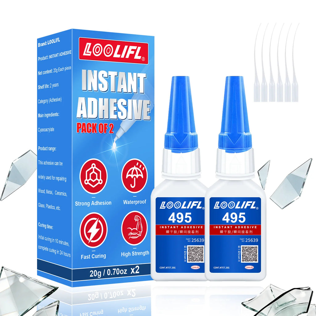 LOOLIFL 495 Super Glue Cyanoacrylate Instant Adhesive High Strength for Metal Plastic Rubber Wood Bonding DIY Fast Curing Tool