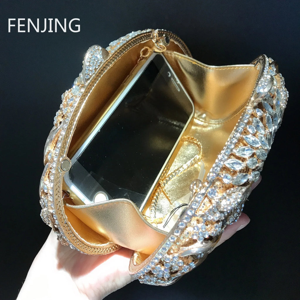 Gold Metal Leaves White Crystals Evening Clutch Bags Luxury Women Wedding Party Purse Ball Handbags Rhinestone Mini Shell Bag