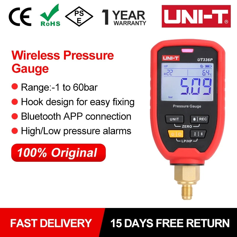 UNI-T Wireless Pressure Gauge UT336P -1 to 60bar Offline Data Logging for Refrigeration Heat Pump System Pressure Measurement