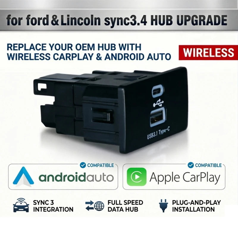 Wireless CarPlay Android Auto For Ford&Lincoln Raptor F150 Mustang Focus Kuga Mondeo Ranger Bronco USB HUB SYNC3.4 HC3Z-19A387
