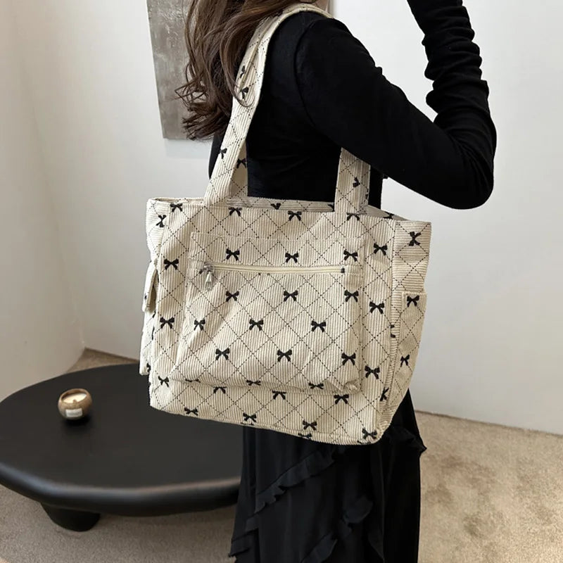 Large Capacity Corduroy Casual Tote Bags For Ladies, Casual Bow Pattern Commuting Handbags Women's For Shopping
