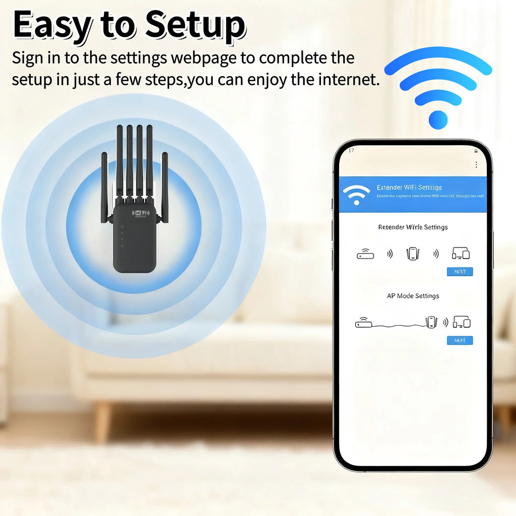 Dual Band WiFi Signal Repeater 2.4G/5G 1200Mbps Extender Wall Penetrating 10000 Square Feet Coverage for Multiple Devices