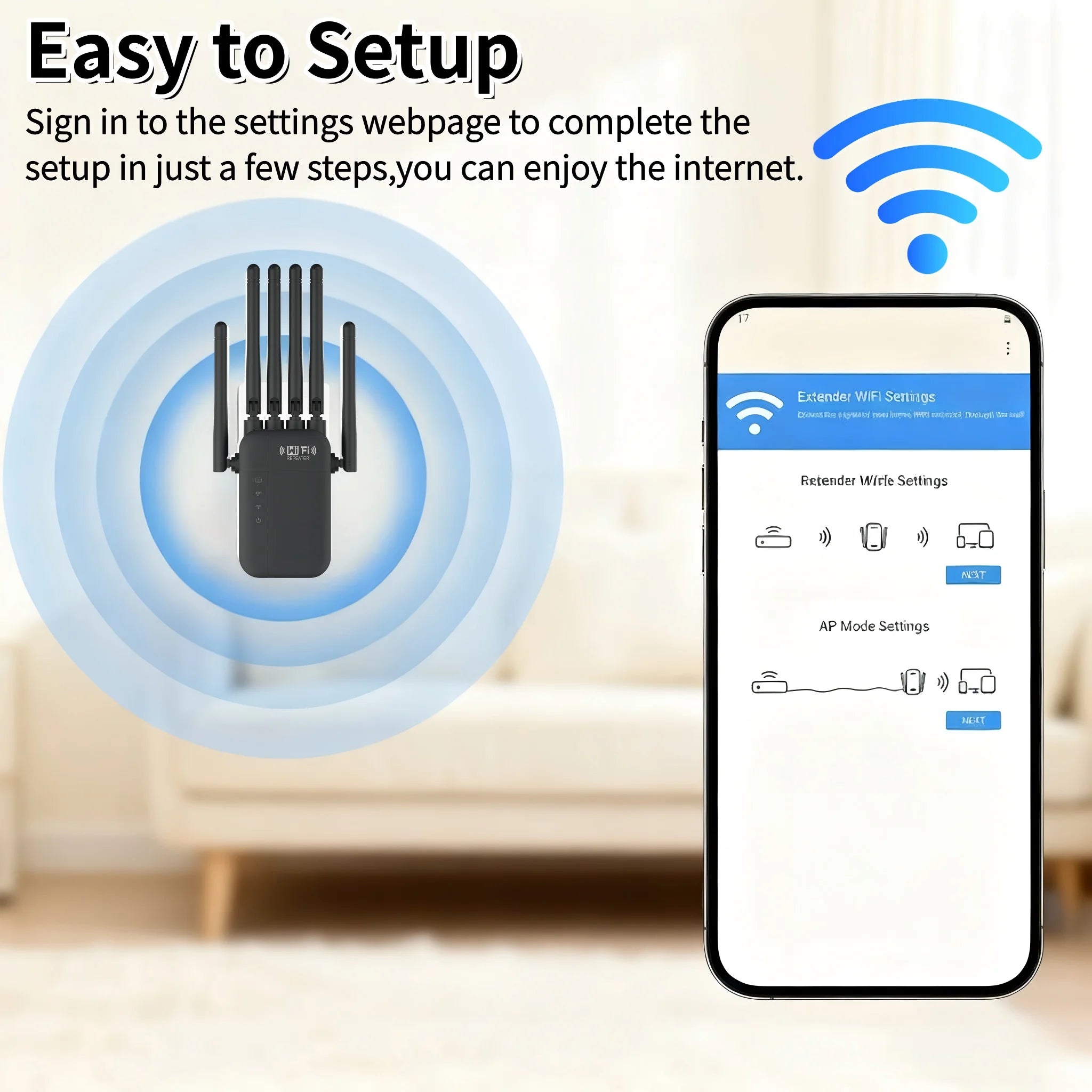 Dual Band WiFi Signal Repeater 2.4G/5G 1200Mbps Extender Wall Penetrating 10000 Square Feet Coverage for Multiple Devices