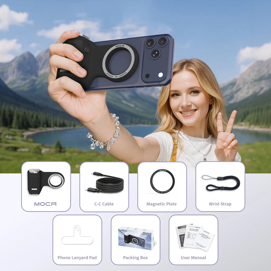 COMITOK Magnetic Phone Grip with Remote Control Portable Shooting Handle for iPhone Vlog Videos, Easy One-Hand Operation