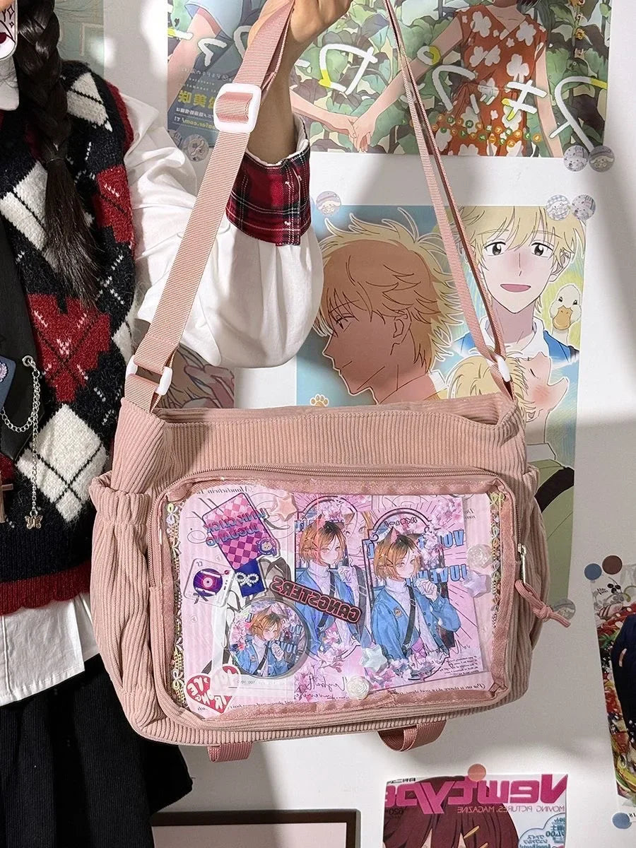 New Kawaii Itabag Winter Soft Corduroy Crossbody Bags Transparent Clear Bag Collage Student Shoulder Bag Messeger Book Bag Bolso