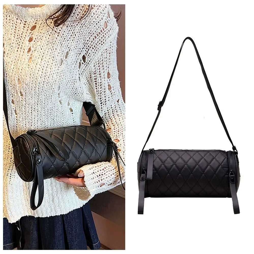Simple Solid Color Cylinder Bag Round Diamond Bucket Bag Nylon Wide Shoulder Strap Barrel Bag Travel