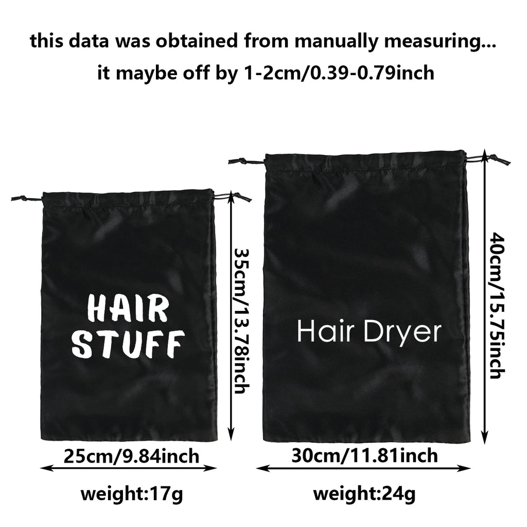 2pcs Satin Drawstring Travel Bags - Dustproof "Hair Stuff" Printed Storage Pouches for Hair Dryer