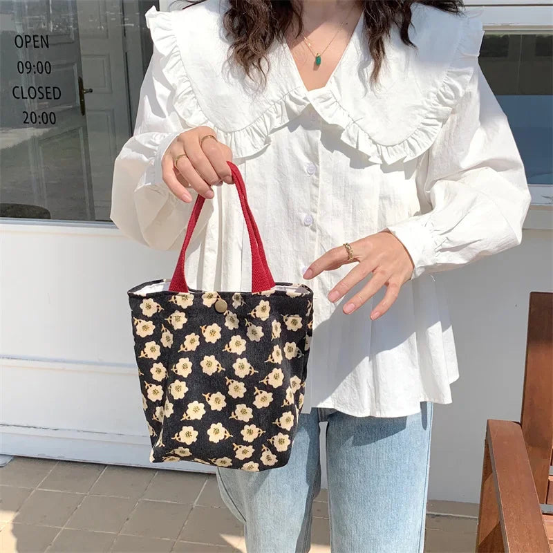 Casual Women Portable Lunch Bento Bag Retro Flower Ladies Small Handbags Thin Corduroy Female Shopper Clutch Purse Shoulder Bags