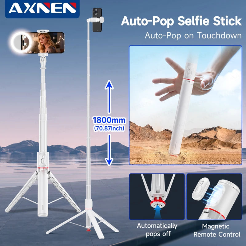 White Selfie Stick Tripod Portable 70 Inch All-in-one Auto Pop Open Wireless Bluetooth Magnetic Remote Control Smartphone Stand