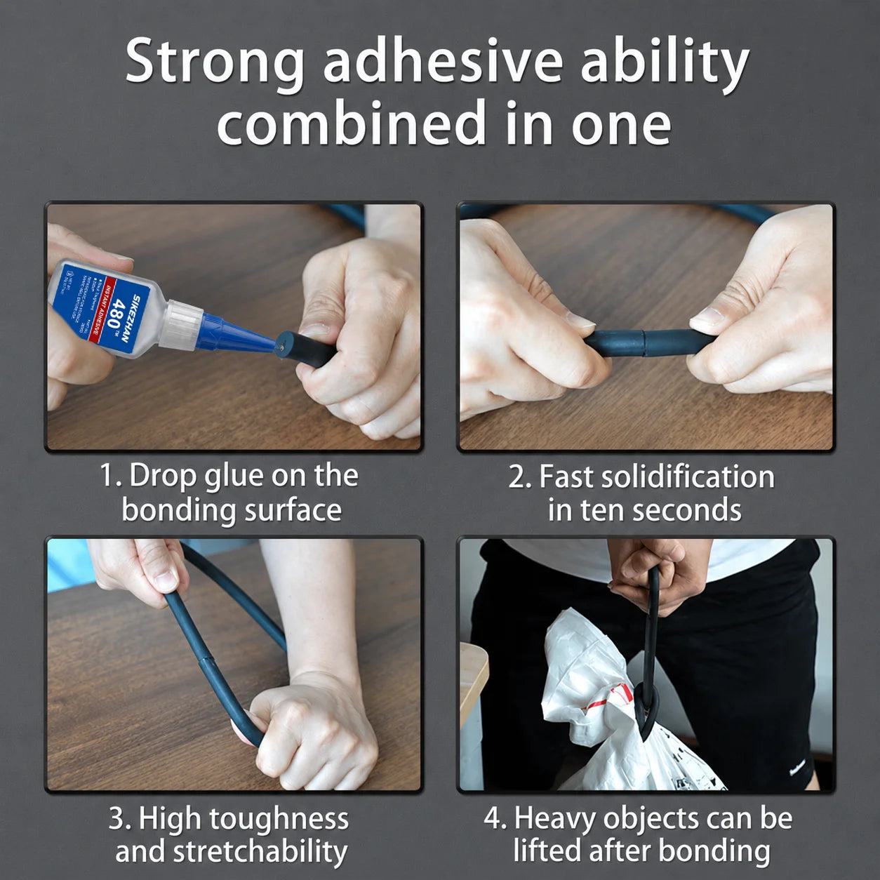 SIKEZHAN 480 Black Super Glue Instant Adhesive Heavy Duty Waterproof Rubber Tire Repair Glue for Metal Plastic Wood Ceramic 20g