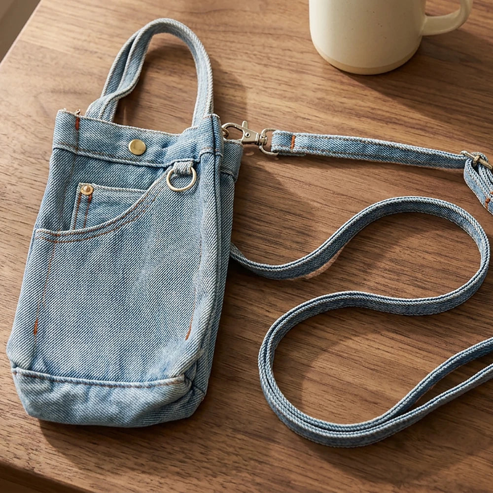 Stylish denim women’s bag: an elegant crossbody clutch, a minimalist phone and key pouch, a trendy denim purse, perfect for youn