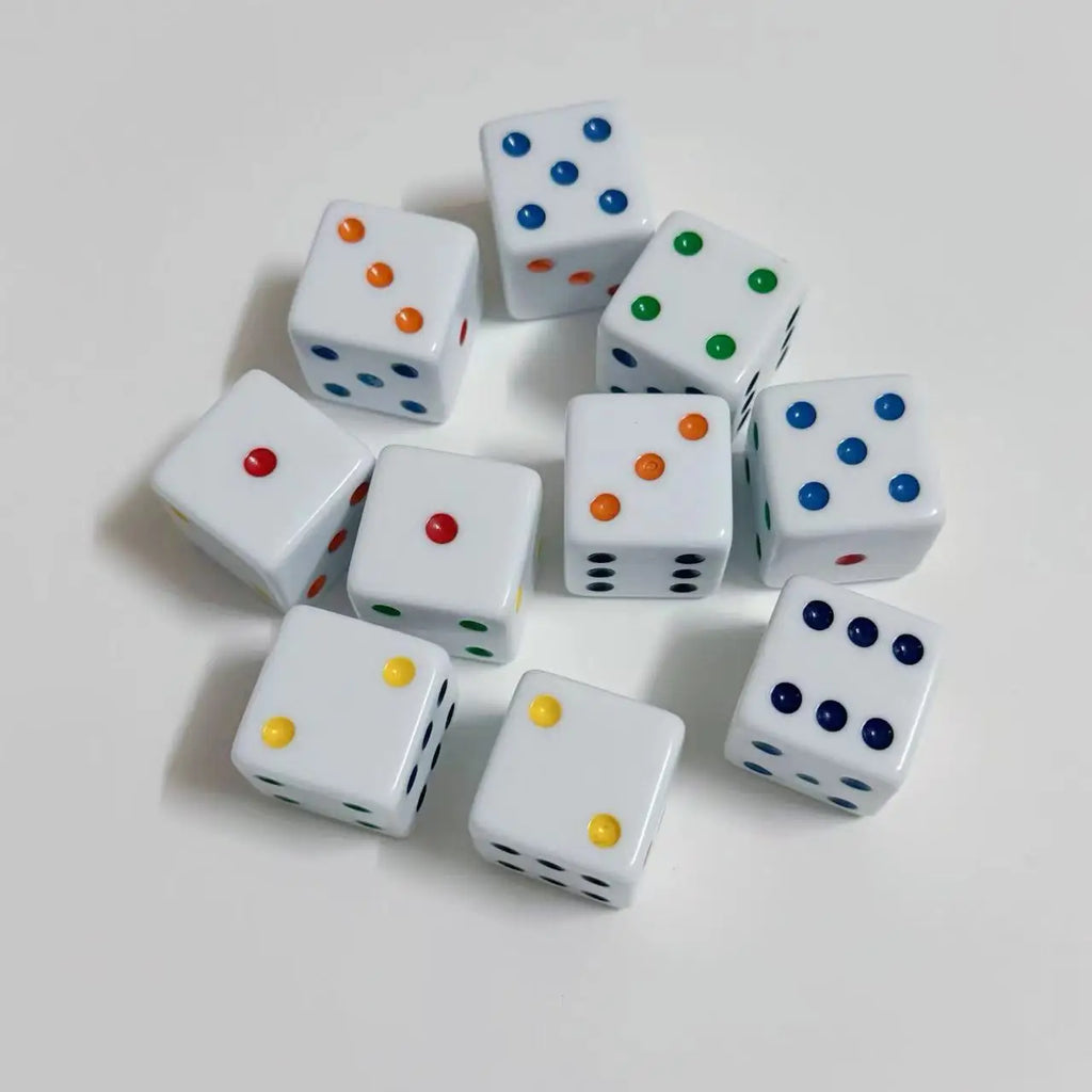10Pcs/pack White Acrylic Dice 16mm Colorful Dots Square Corner Cubes KTV Bar Gambling Casino Dice