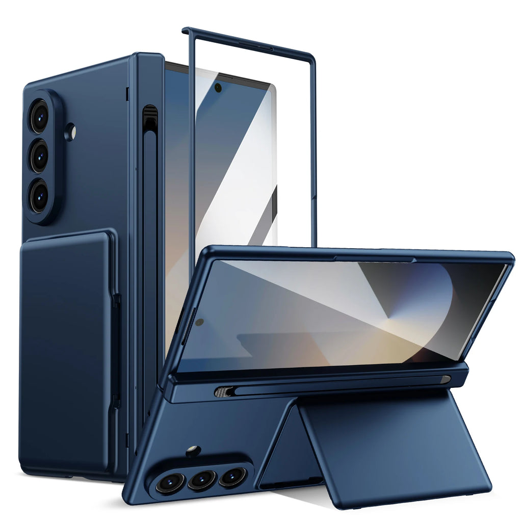 Hinge Wallet Card Slot Bracket Phone Case for Samsung Galaxy Z Fold 5 6 7 8Ultra with Screen Glass Protect Film S Pen Slot Cover