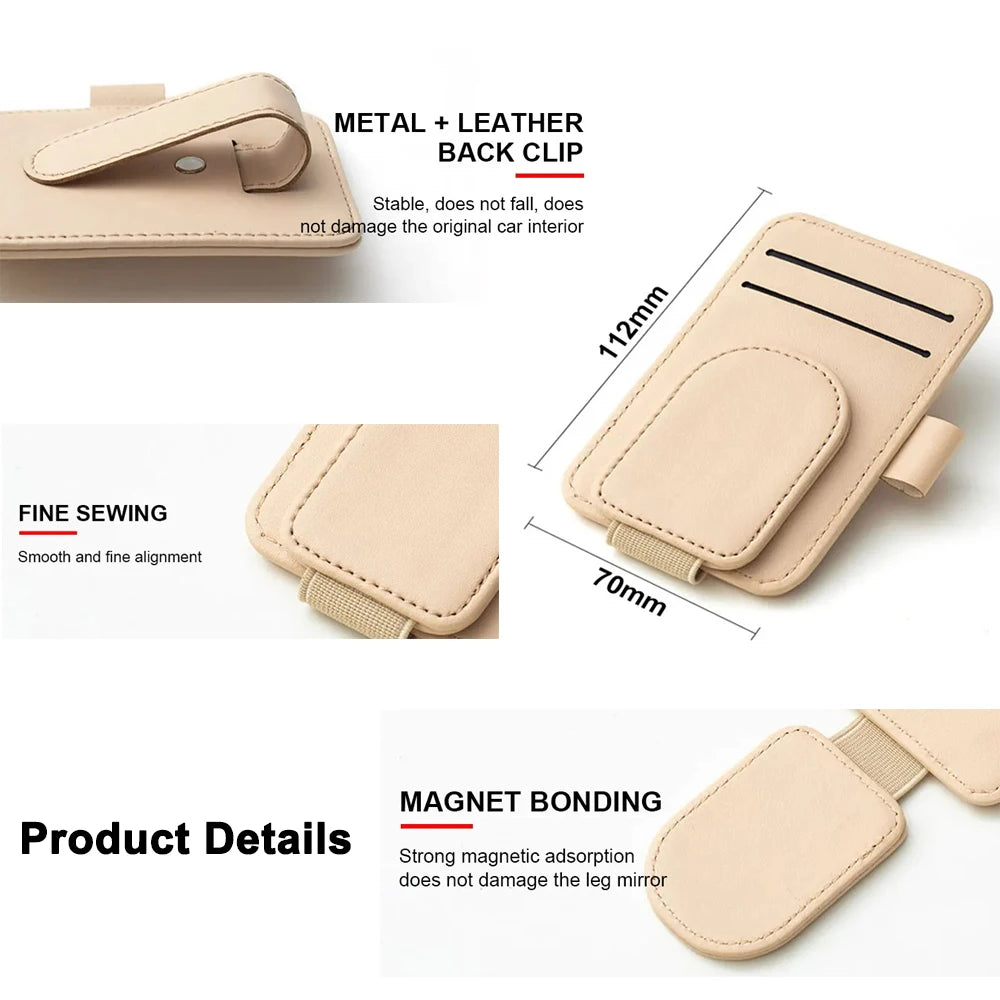 Car Sun Visor Sunglasses Holder Magnetic PU Leather Eyeglass Clip Universal Auto Card Storage Glasses Organizer for Vehicle