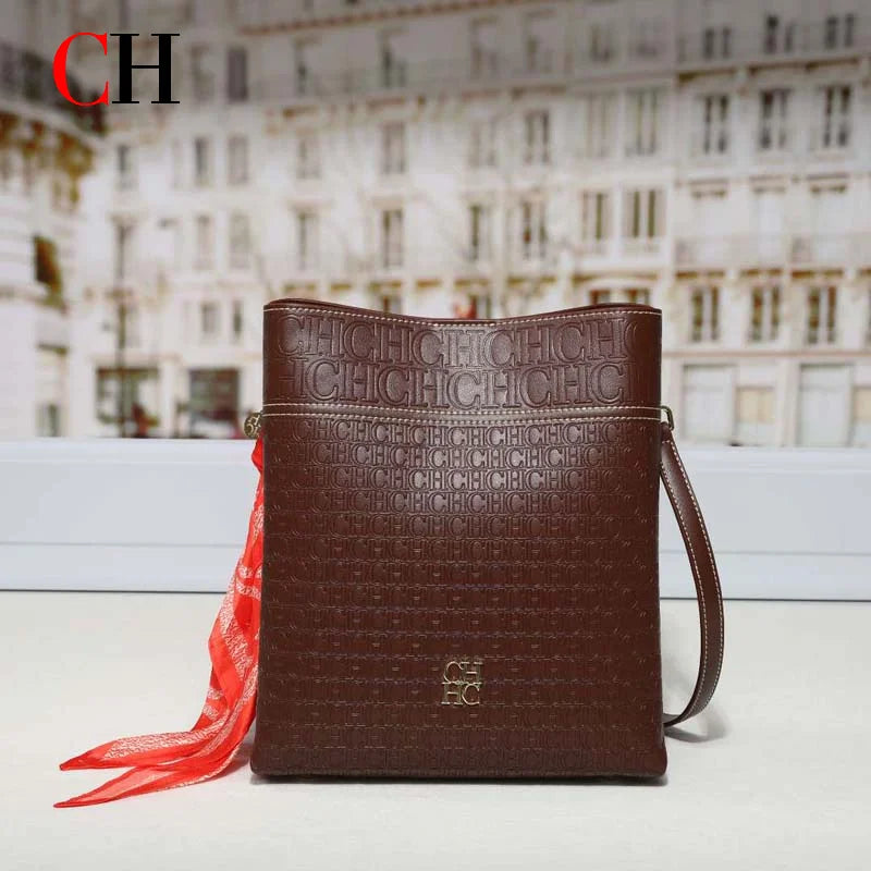 CH Bucket Bag Women Luxury Crossbody Bag Large Capacity Leather Shoulder Handbag With Silk Scarf Vintage Daily Commute Handbags