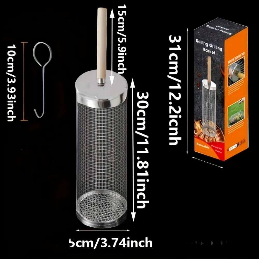 Rolling Grill Basket 304 Stainless Steel with Removable Handle Large Capacity for BBQ Camping Family Gathering Garden 1PC