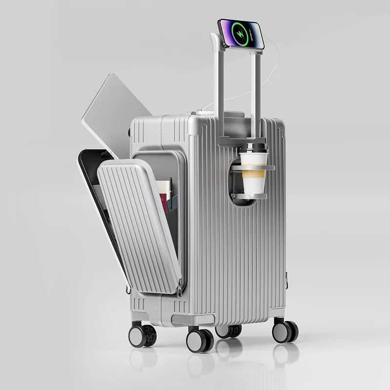 New-style three-opening multifunctional front-opening suitcase, 20-inch PC material with double side pockets, large-capacity tra