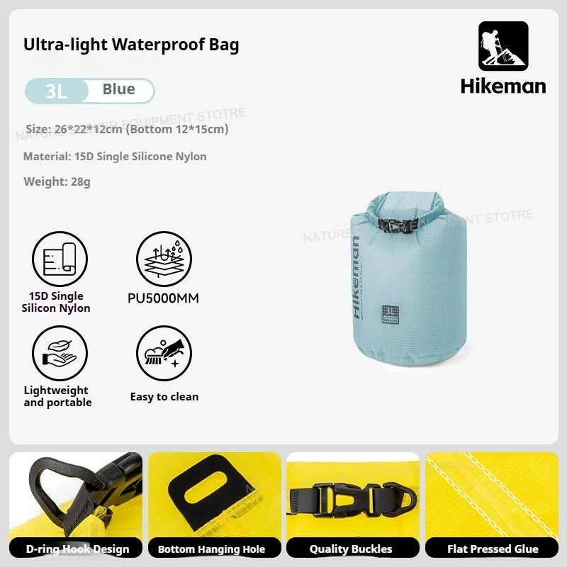 HIKEMAN Ultralight Storage Bag Silicon Coated Waterproof Bag Camping Clothing Stuff Sack Outdoor Compression Bag