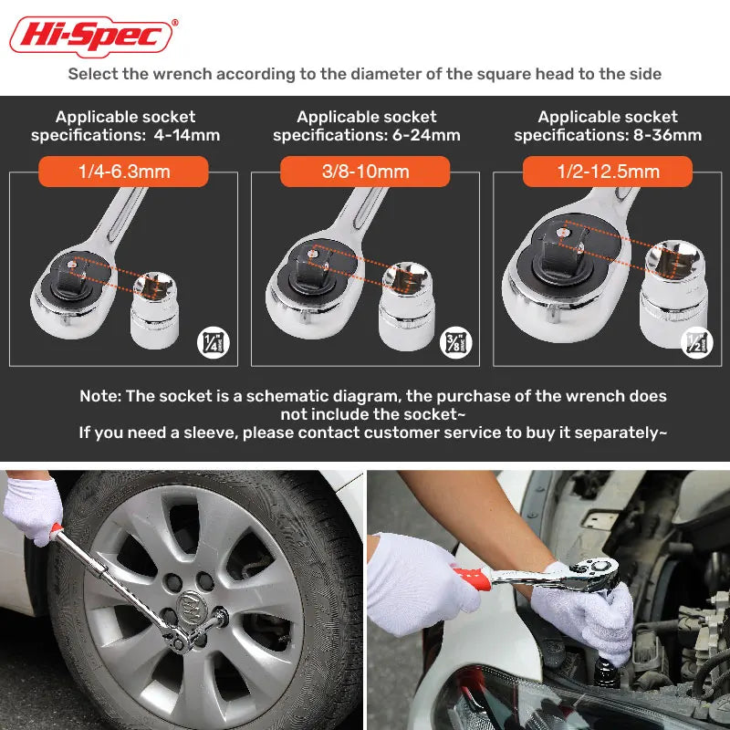 Hi-Spec 1/4 1/2 3/8 72-Tooth Carbon Steel Retractable Ratchet Wrench Automatic Quick Release Spanner Multifunctional Hand Tool