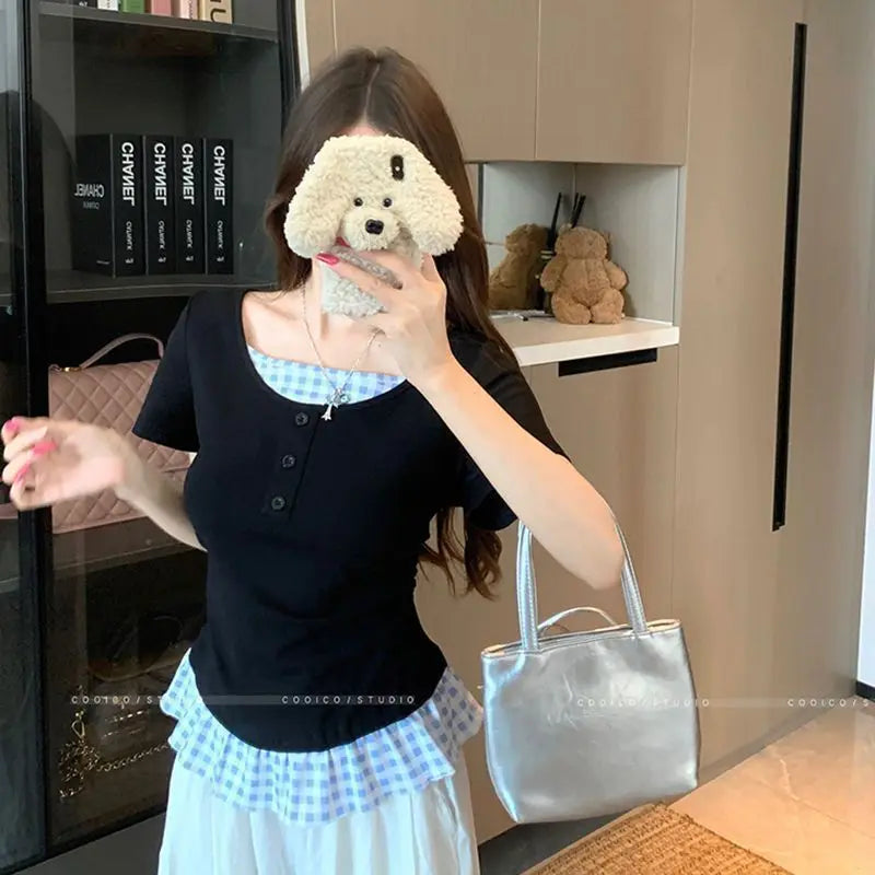 Summer Plus Size Women's New Commuter Style Fake Two-Piece Color-Contrast Spliced Plaid Round Neck Short Sleeve T-Shirt