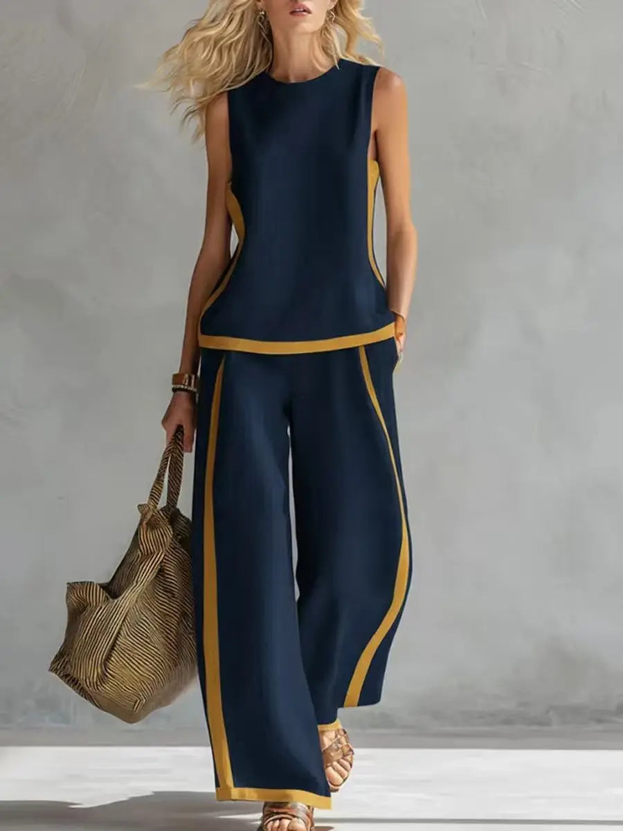 Simple Stripe Print Women's Suits Summer Fashion Sleeveless Loose Blouse Wide Leg Pants Two Piece Set For Women Casual Outfits