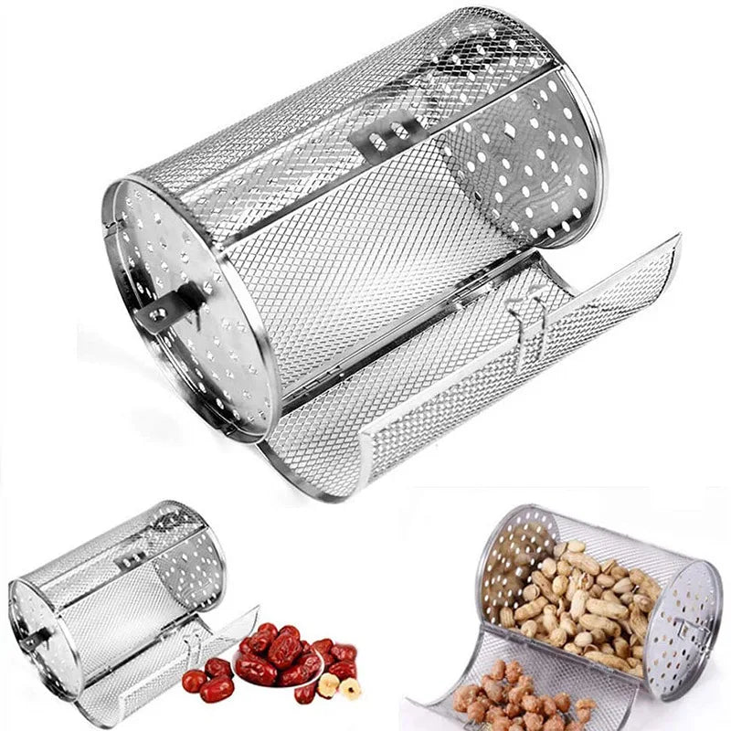 Stainless Steel Rotisserie Basket Rotisserie Grill Roaster Drum Oven Rotary Baking Cage for Peanut Dried Nut Coffee Beans BBQ