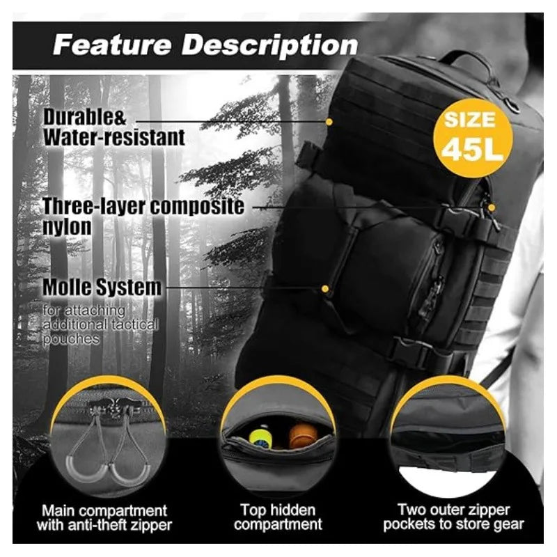 45L Tactical 3 in 1 Camping/Gym/Duffel Shoulder Bag with MOLLE System, Waterproof Fitness & Travel Luggage for Men