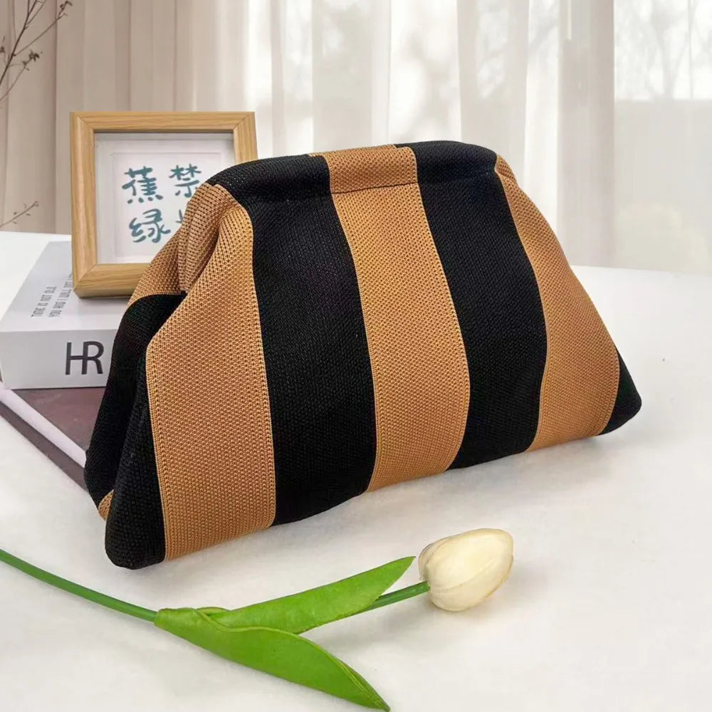 Knitted striped handbag dinner work beach large capacity daily versatile color contrast commuter clip bag women