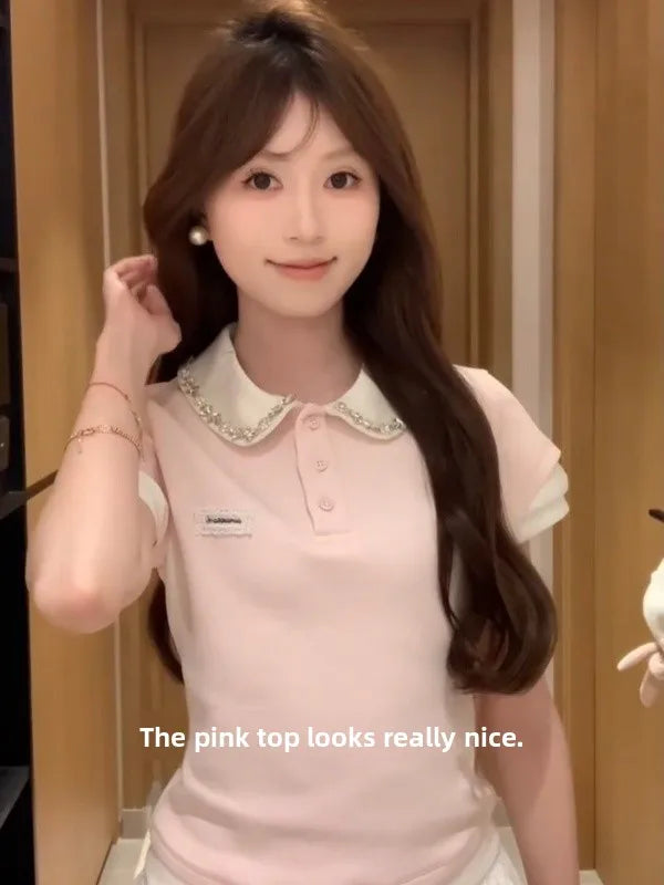 Fashionable Short Sleeve T-Shirt Women's Summer Style Color Block Doll Collar Top Miu Series Fake Two-Piece Casual Wear