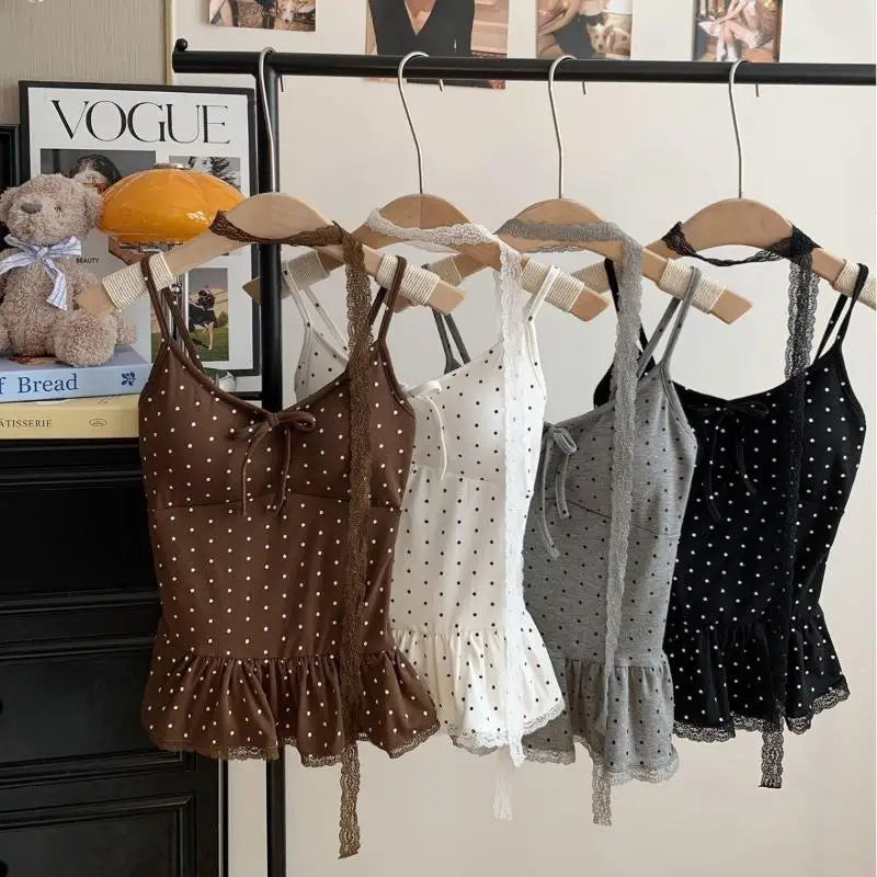 1Pc Women Clothing Summer Fashion Casual Polka Dot Solid Color Sling Ladies Fashionable Appear Thin Slim Young Style Tops