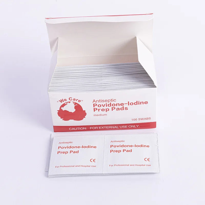100Pcs Povidone Iodine Antiseptic Swabs Disposable Pre-Sterilized Cotton Pads for Wound Care First Aid Surgical Emergency Kits