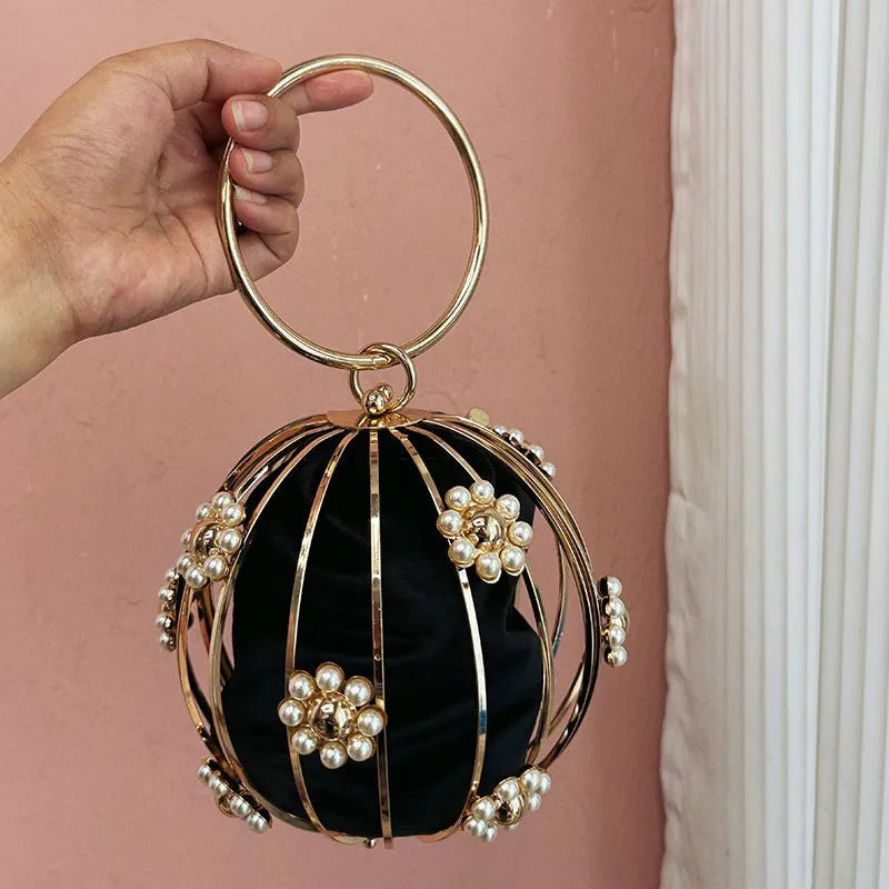 2025 Luxury Hollow Metal Clutch Floral Beaded Lantern Purse for Weddings Parties Evening Bag Chain Floral Ladies Handbags