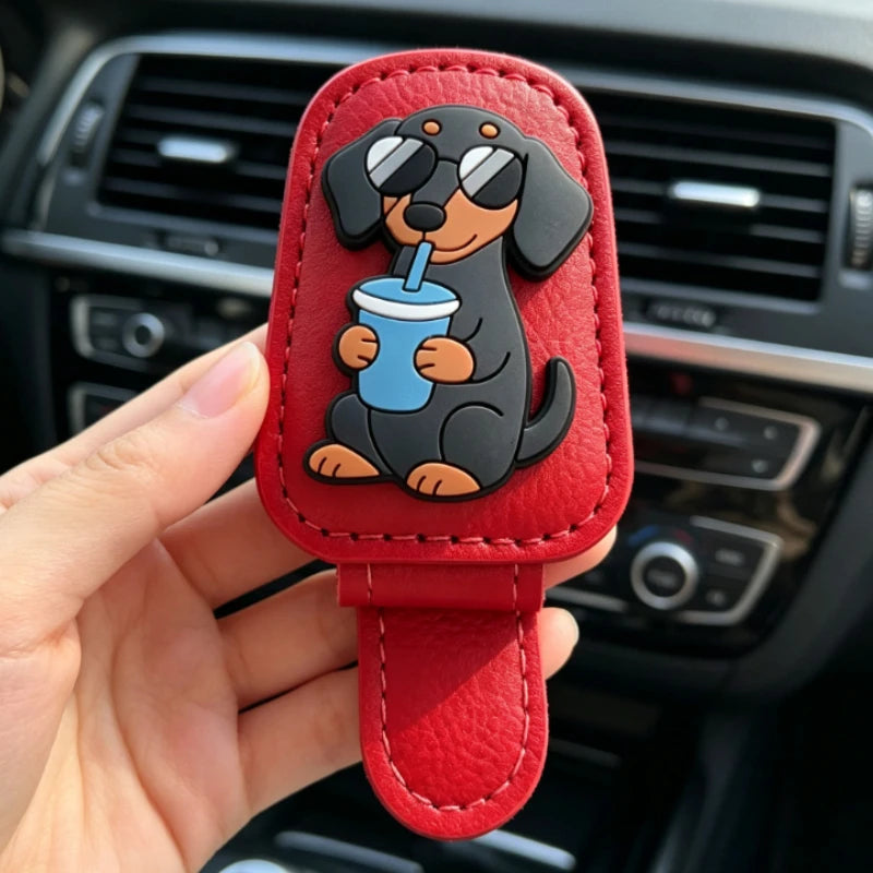 Car Sun Visor Sunglasses Clip Cute Dachshund Dog Cup Leather Glasses Holder Auto Eyeglasses Storage Car Accessories