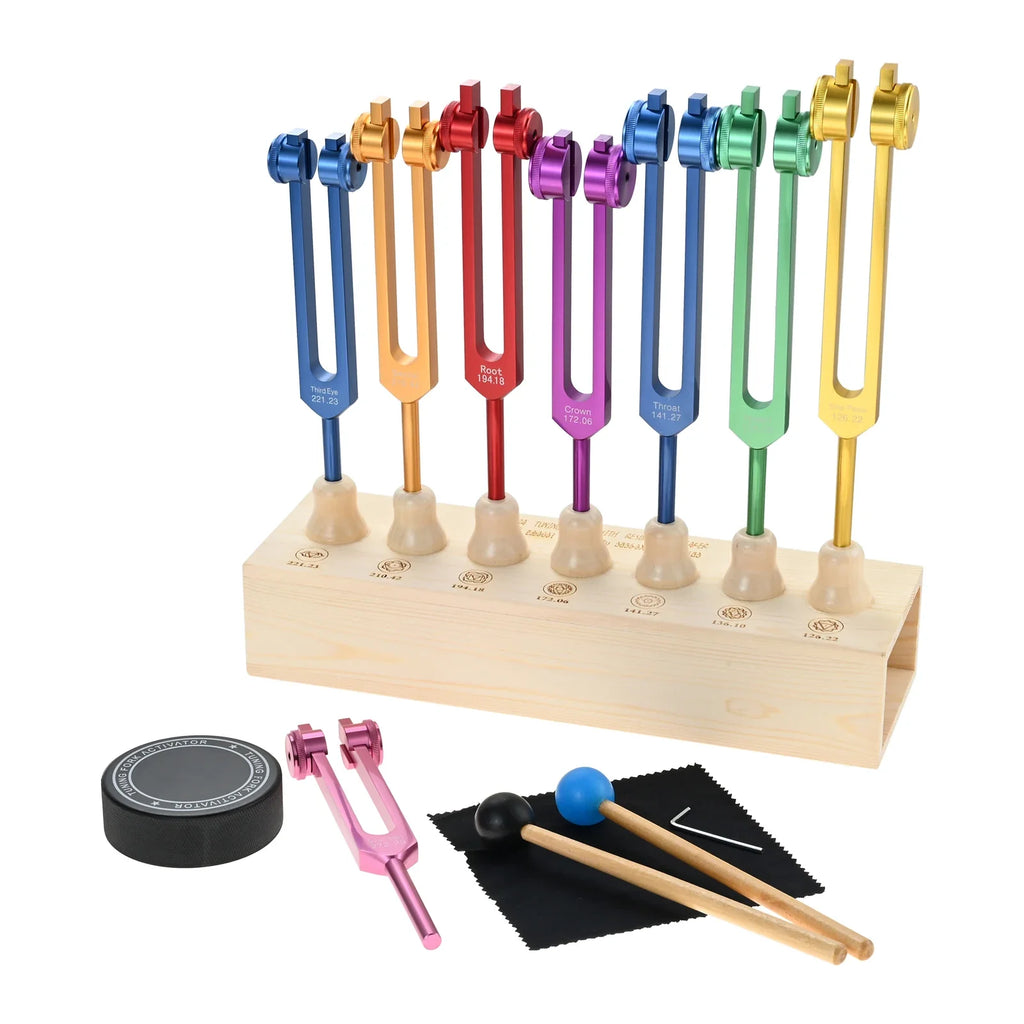 8pcs Chakra Tuning Forks 126.22/136.1/141.27/172.06/194.18/210.42/221.23/272.2Hz Wood Stands Activator Hammer Valise Gift Box