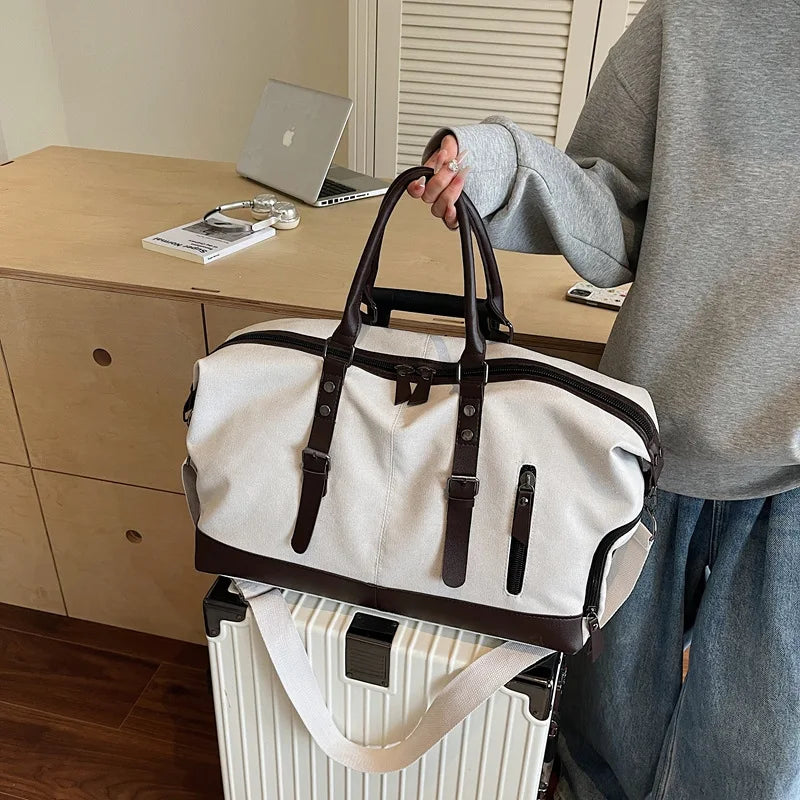 Vintage Canvas Casual Weekend Bag Travel Tote Bag Portable Large Capacity Duffel Bag With Shoe Compartment Crossbody Luggage Bag