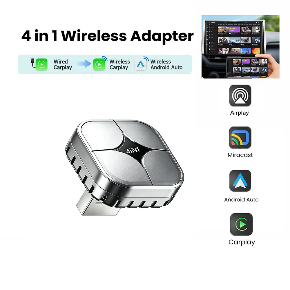 Upgrade 4in1 Carplay Smart Dongle Wireless Android Auto Mirror Link USB Plug and Play Auto Connect WiFi for Apple and Android