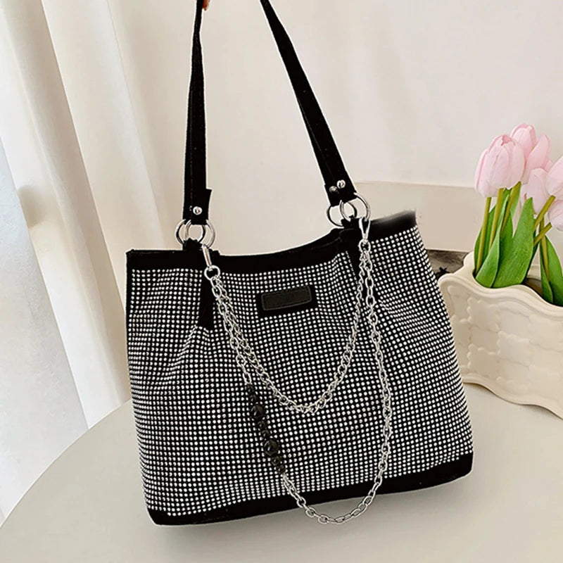 2024 Fashion Women Bling Diamonds Handbag Large Capacity PU Leather Big Totes Designer Female Chain Shoulder Bags Shopping Bags