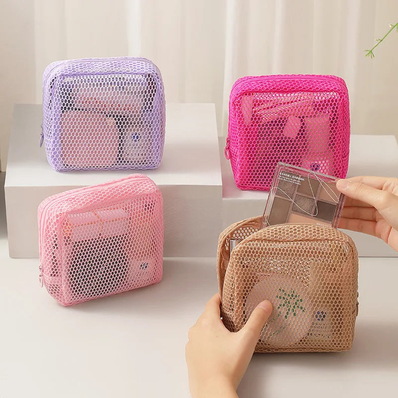 Square Mesh Cosmetic Bag Portable Lipstick Cosmetic Storage Bag with Zipper Multi-purpose Sundries Storage Bag Cute Student Case
