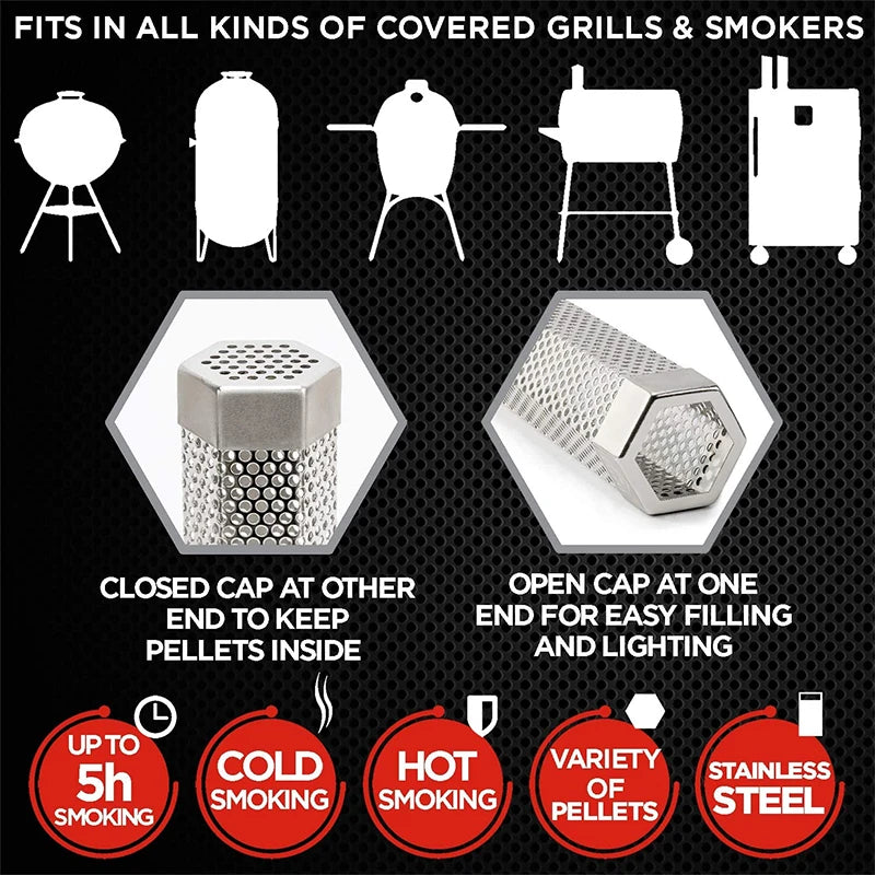 LMETJMA Hexagon Pellet Smoker Tube 12 inch Stainless Steel BBQ Wood Pellet Tube Smoker for Cold/Hot Smoking 5 Hours JT185