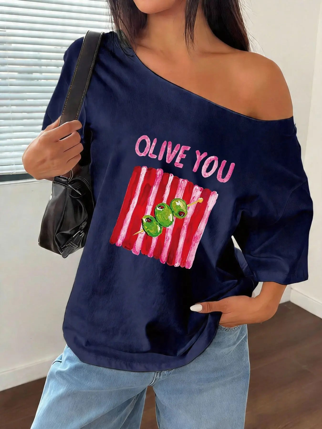 100% Cotton Plus Size Cute Olive Print Casual T-Shirt Shoulder Loose Print T-Shirt Oversized Y2K Style Graphic Tees Women Top