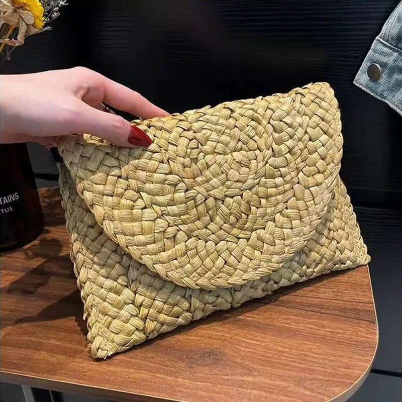Women Fashion Flap Envelope Bags Summer Beach Bag Handmade Wallet Straw Knitted Handbag Lady Coin Phone Long Purse Clutches