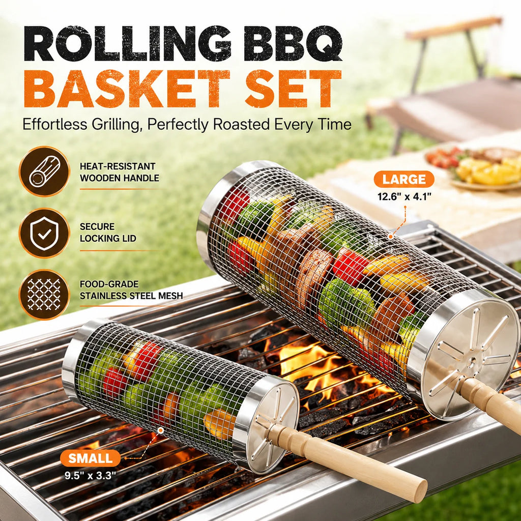 4/6/8 Pack Stainless Steel Rolling Grilling Basket Set Wooden Handle Outdoor Camping BBQ Vegetable Meat Grilling Accessories