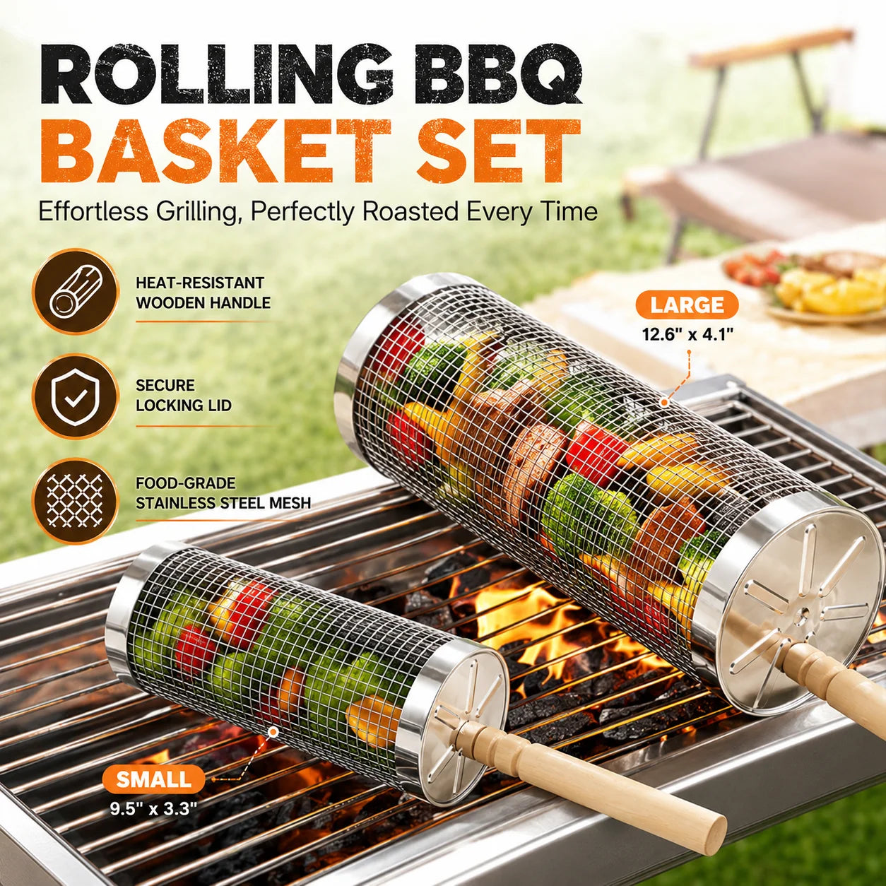 4/6/8 Pack Stainless Steel Rolling Grilling Basket Set Wooden Handle Outdoor Camping BBQ Vegetable Meat Grilling Accessories