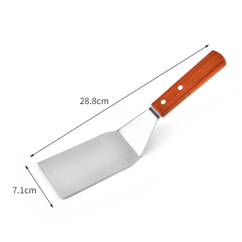 Stainless Steel Square Head Steak Cooking Spatula Wood Handle Pizza Shovel Pancake Beef Turner Scraper BBQ Utensils For Kitchen