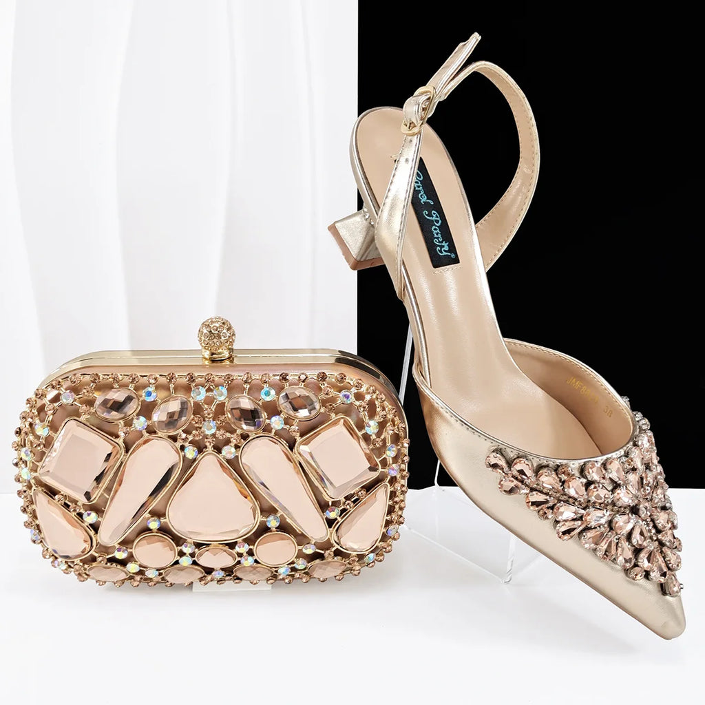2025 Big Cryatal Italian Design African Women Shoes Matching Bag Pointed Toe Comfortable Heels for Party in Champagne Color
