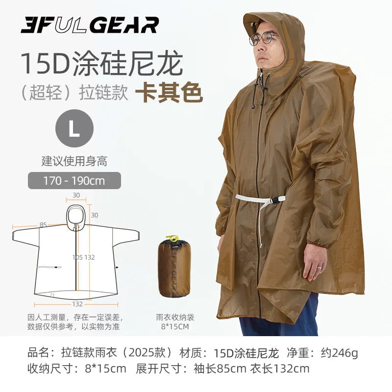 3F UL GEAR Zippered Sleeve Raincoat 15D/210T Nylon Waterproof PU5000MM Outdoor Ultralight Cycling Hiking Jackets Poncho Raincoat