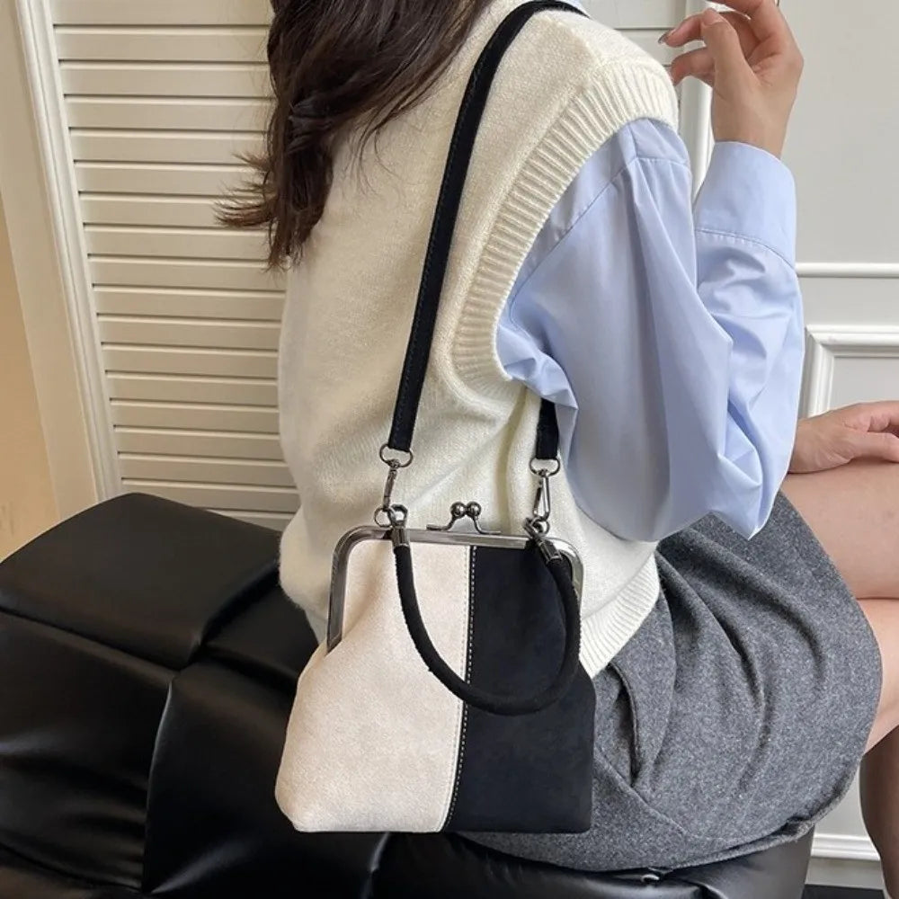 Large Capacity Retro Frosted Handbag PU Short Handle Leather Crossbody Bag Clip Closure Kiss Lock Clutch Shoulder Bag Shopping