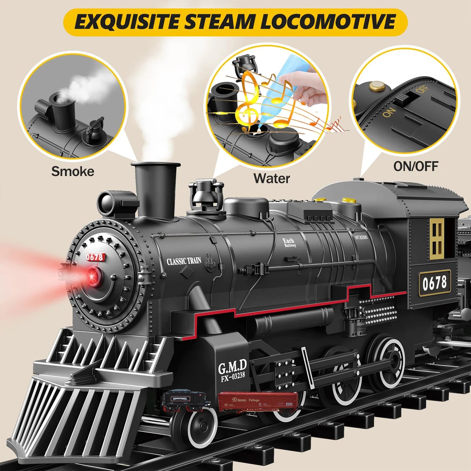 Classical Battery Operate Electric Railway Train Simulation Steam Locomotive Set Adding Water to Smoke Train Toys Lights Sounds