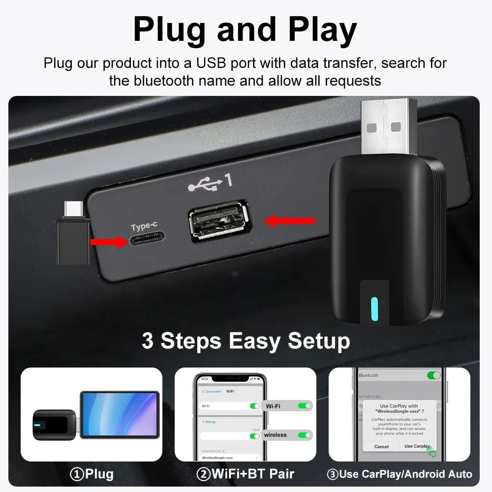 TrolinkTek Wireless CarPlay Dongle, Wired to Wireless USB Adapter Plug and Play, Auto Reconnect, Low Latency with 5GHz WiFi Bluetooth, Support Siri Steering Control for Cars with Factory Wired Apple CarPlay