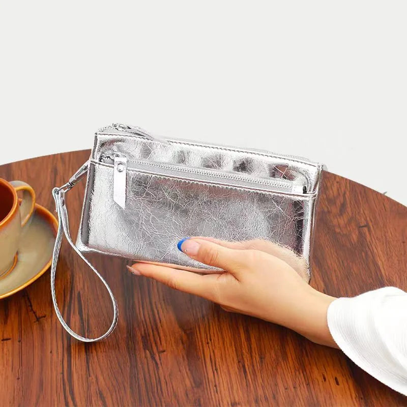 Women Genuine Leather Clutch Purse 3 Zipper Pockets Wrist Strap Wallet 2026 New Cow Leather Phone Pouch